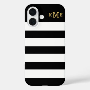 Chic Black and White Stripes with Gold Monogram iPhone 16 Case