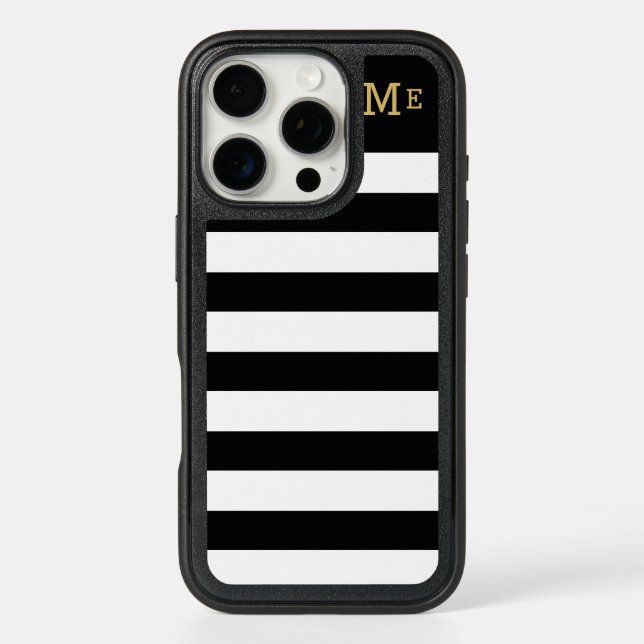Chic Black and White Stripes with Gold Monogram Otterbox iPhone Case (Back)