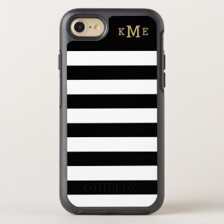 Chic Black and White Stripes with Gold Monogram OtterBox iPhone Case