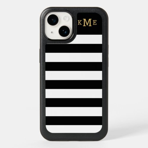 Chic Black and White Stripes with Gold Monogram OtterBox iPhone 14 Case