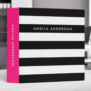 Chic Black and White Stripes with Pink Side 3 Ring Binder