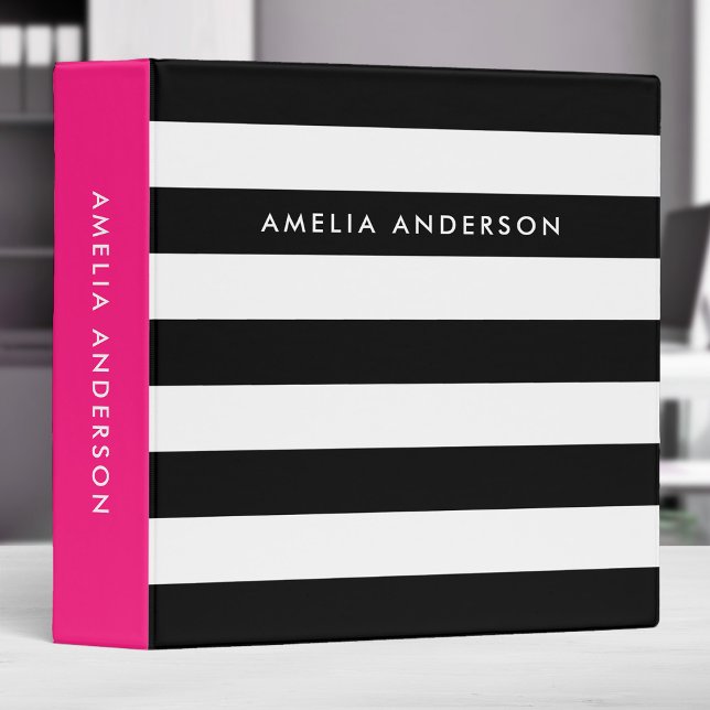 Chic Black and White Stripes with Pink Side 3 Ring Binder (Creator Uploaded)