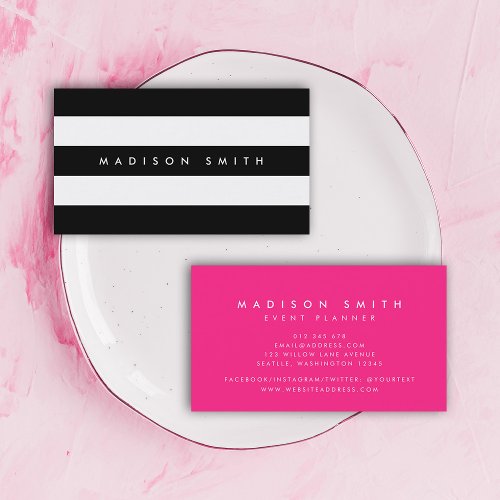 Chic Black and White Stripes with Vibrant Pink Business Card