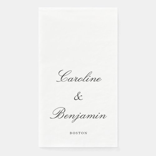 Chic Black and White Wedding Names and City Script Paper Guest Towels