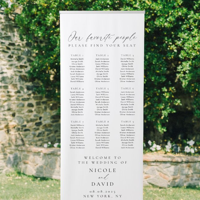 Chic Black and White Wedding Seating Chart Roll Up Retractable Banner (Modern minimalist 9 tables wedding seating chart retractable banner standing outdoors)