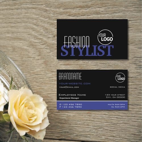 Chic Black Blue and White Simple Stylish with Logo Business Card