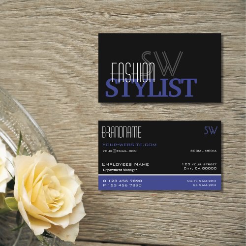 Chic Black Blue and White Simple with Monogram Business Card