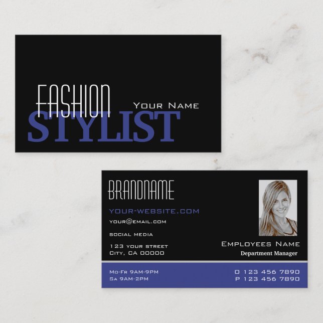 Chic Black Blue and White with Photo Professional Business Card (Front/Back)