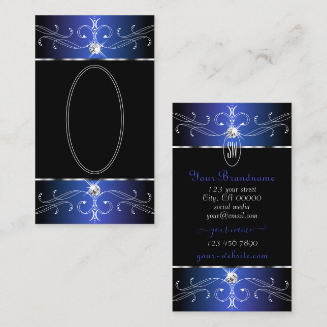 Chic Black Blue Purple Ornate Ornaments Initials Business Card (Front/Back)