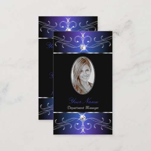 Chic Black Blue Purple Ornate Ornaments with Photo Business Card