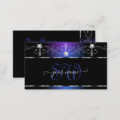 Chic Black Blue Squiggles Sparkle Jewels Monogram Business Card