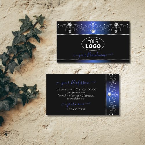 Chic Black Blue Squiggles Sparkle Jewels with Logo Business Card