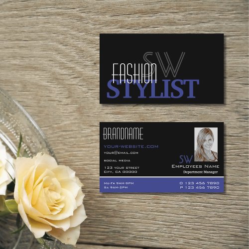 Chic Black Blue White Simple Monogram and Photo Business Card