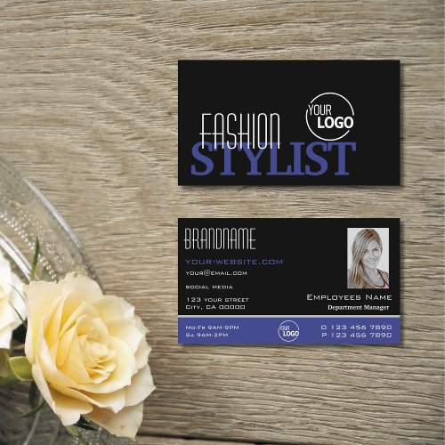 Chic Black Blue White Simple with Logo and Photo Business Card