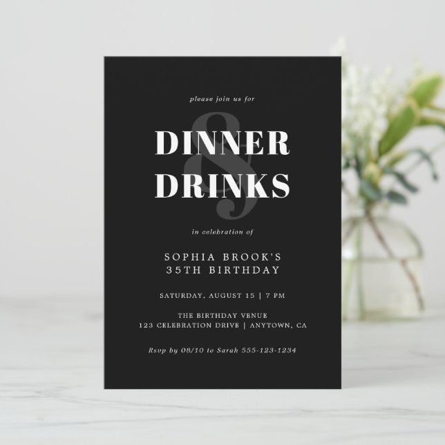 Chic Black Bold Typography Adult Birthday Dinner Invitation (Standing Front)
