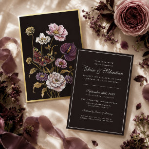 Chic Black Botanical Butterfly All-in-One Wedding Foil Invitation