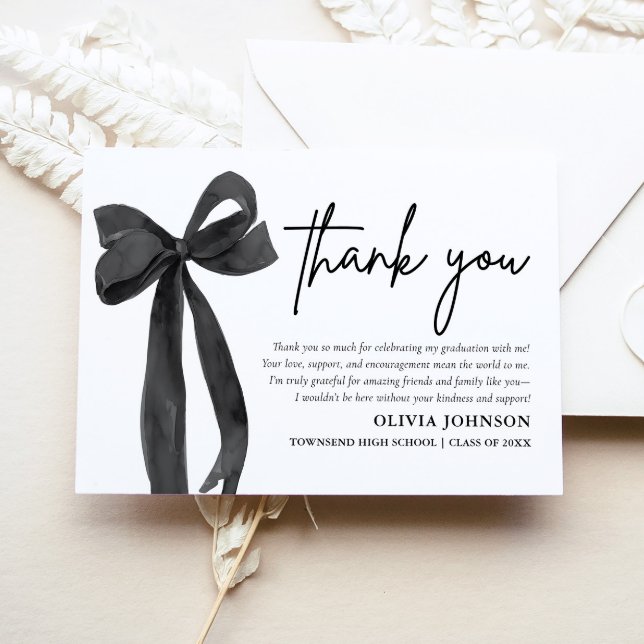 Chic Black Bow  Coquette Graduation Thank You Card (Chic Black Bow Coquette Graduation Thank You Card)