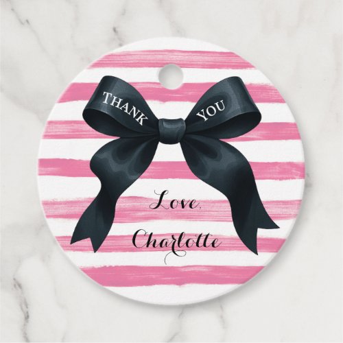 Chic Black Bow Pink White Stripe Favor Tags