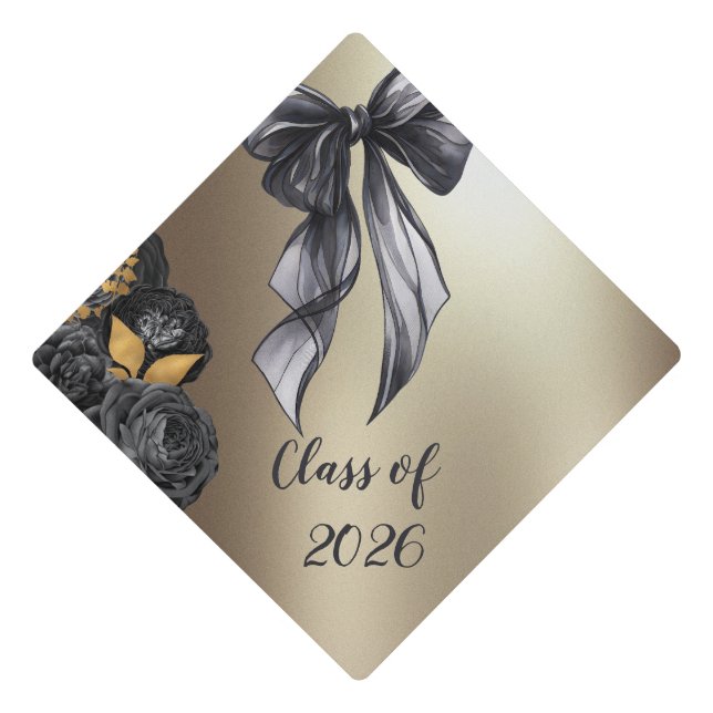 Chic Black Bow Roses Graduation Cap Topper (Front)