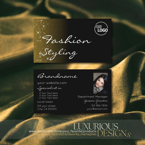 Chic Black Brown Glitter Stars with Logo and Photo Business Card