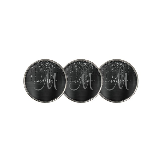 Chic Black Brushed Metal Dripping Glitter Name Golf Ball Marker (3 Up)
