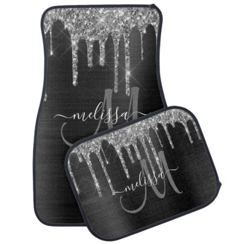 Chic Black Brushed Metal Silver Glitter Drips Name Car Floor Mat