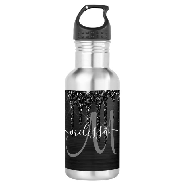 Chic Black Brushed Metal White Monogram Stainless Steel Water Bottle (Front)