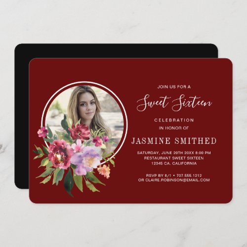 Chic Black Burgundy Floral Themed Photo Sweet 16 Invitation