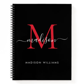 Chic Black Burgundy Red Girly Monogram Script Name Notebook
