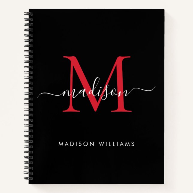 Chic Black Burgundy Red Girly Monogram Script Name Notebook (Front)