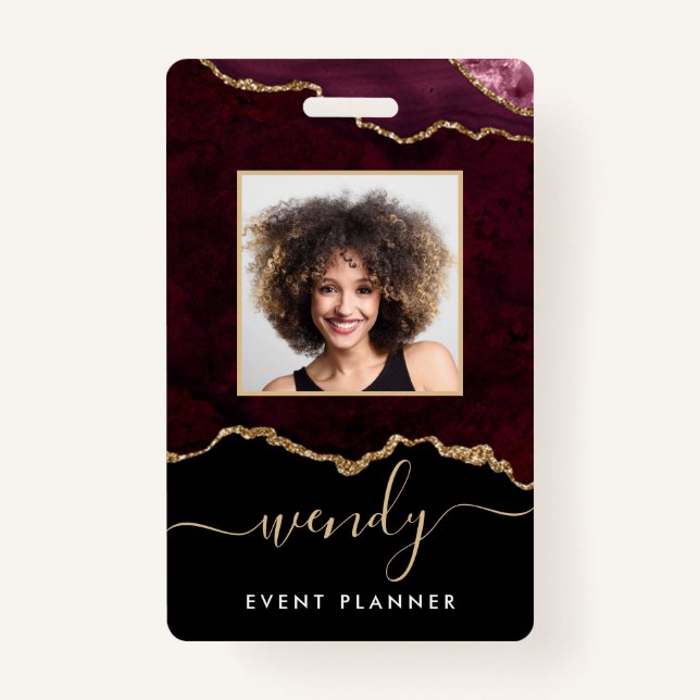 Chic Black Burgundy Red Gold Glitter Agate Photo Badge (Front)