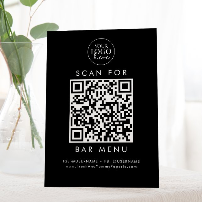 Chic Black Business Logo Bar Menu QR Code Pedestal Sign (Creator Uploaded)