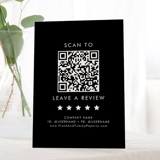 Chic Black Business QR Code Leave A Review Pedestal Sign (Creator Uploaded)