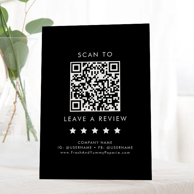 Chic Black Business QR Code Leave A Review Pedestal Sign | Zazzle