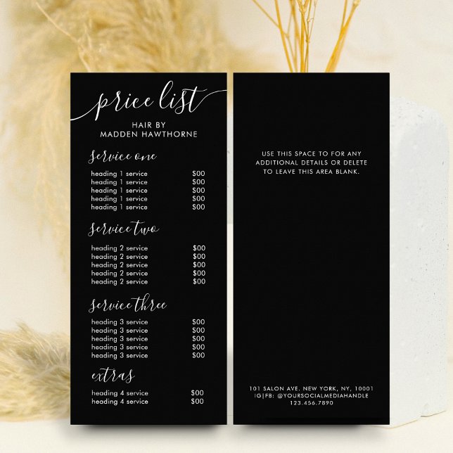 Chic Black Calligraphy Business Service Price List Rack Card (Creator Uploaded)