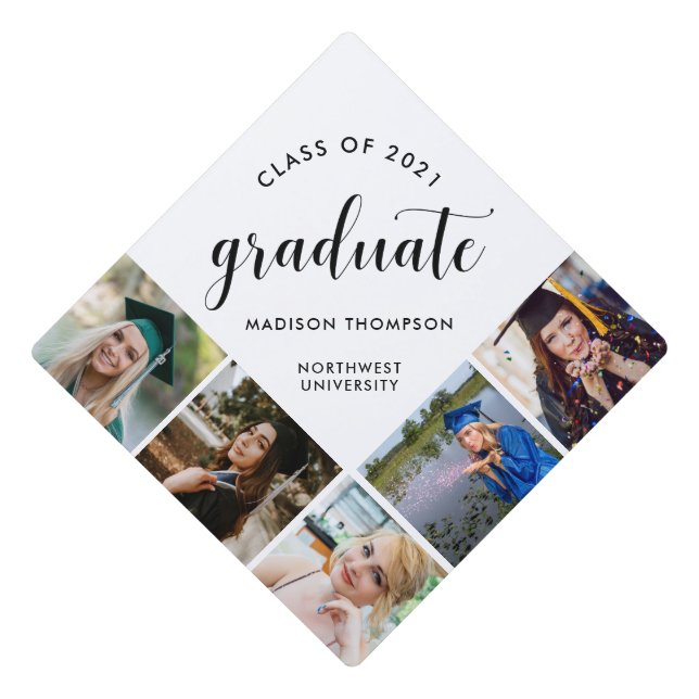 Chic Black Calligraphy Graduate Custom Photo Graduation Cap Topper (Front)