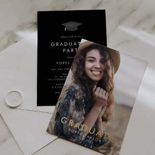 Chic Black Cap Gold Foil Photo Graduation Party Invitation