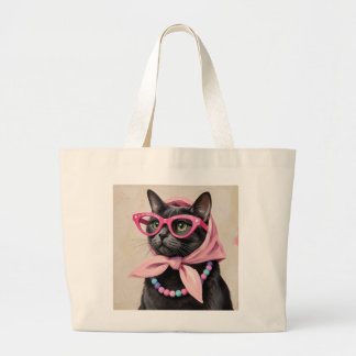 Chic Black Cat in Pink Babushka Scarf Retro Large Tote Bag