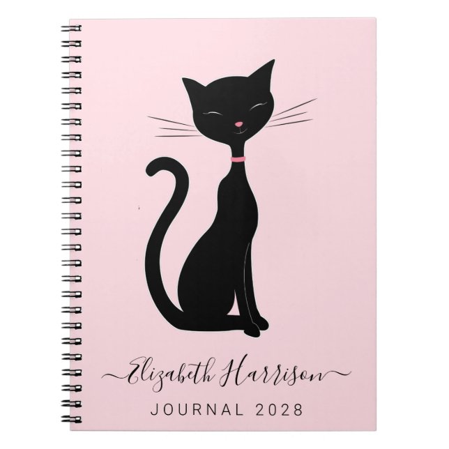 Chic Black Cat Personalized Pink Notebook (Front)
