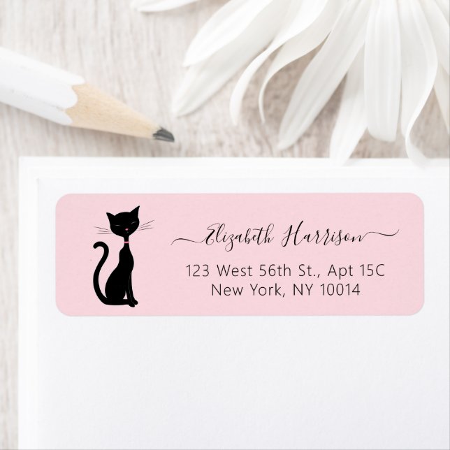 Chic Black Cat Pink Return Address Label (Insitu)