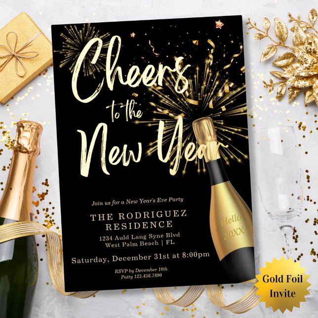 Chic Black Champagne Cheers to the New Year Gold Foil Invitation (Creator Uploaded)
