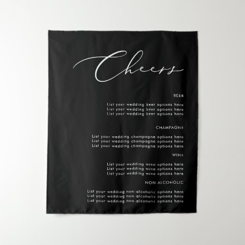 Chic Black Cheers Wedding Drinks Fabric Sign Tapestry