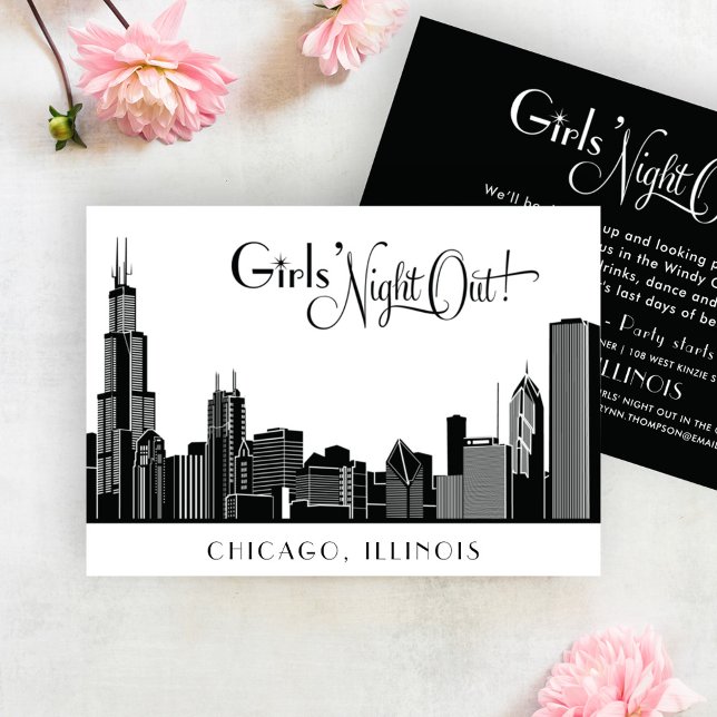 Chic Black Chicago Skyline Girls Night Out Invitation (Creator Uploaded)
