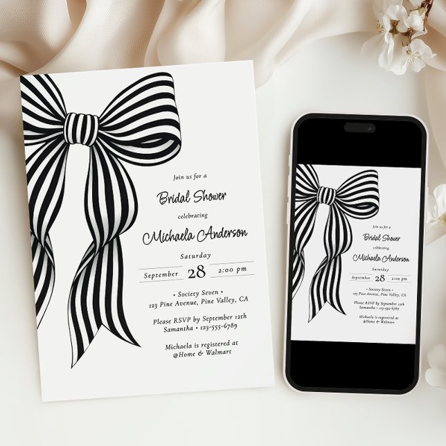 Chic Black Coquette Bow Striped Bridal Shower Invi Invitation (Creator Uploaded)