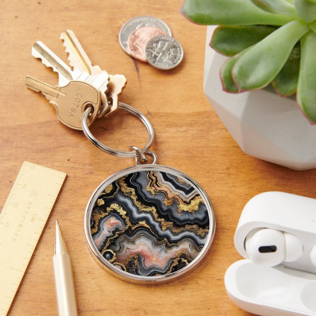 Chic Black Coral Pink White Gold Marble Pattern Keychain (Desk)