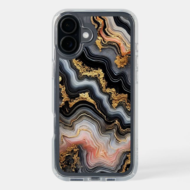 Chic Black Coral Pink White Gold Marble Pattern Speck iPhone Case (Front (Black))