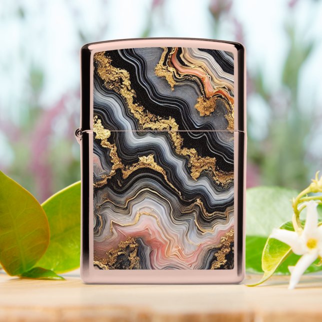 Chic Black Coral Pink White Gold Marble Pattern Zippo Lighter (On Table)
