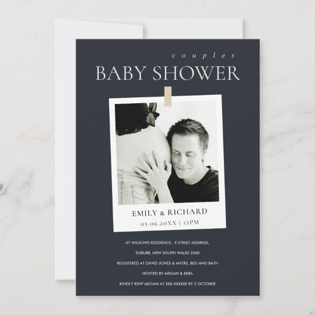 CHIC BLACK CUSTOM PHOTO COUPLES BABY SHOWER INVITE (Front)