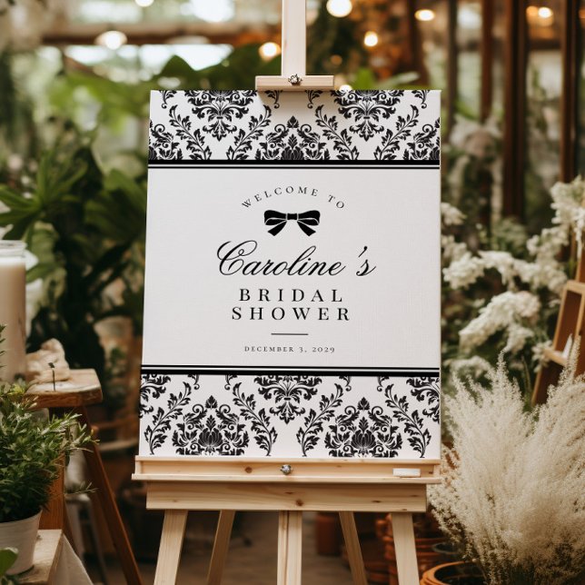 Chic Black Damask Bow Bridal Shower Welcome Sign (Creator Uploaded)