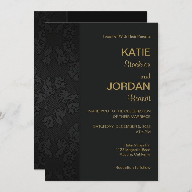Chic Black Damask Wedding Invitation (Front/Back)